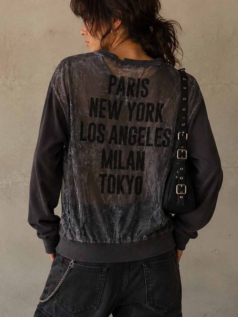 Paris New York Milan Tokyo Sheer Back Grunge Sweatshirt Large
